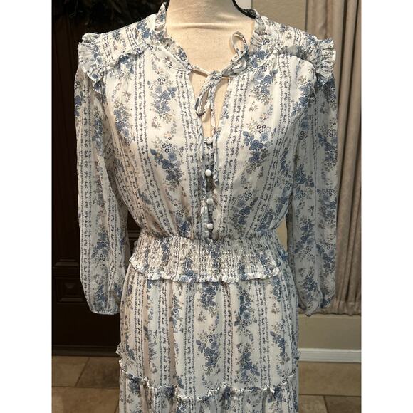 White and Blue Whimsical Floral Prairie Maxi Dress - Picture 2 of 9